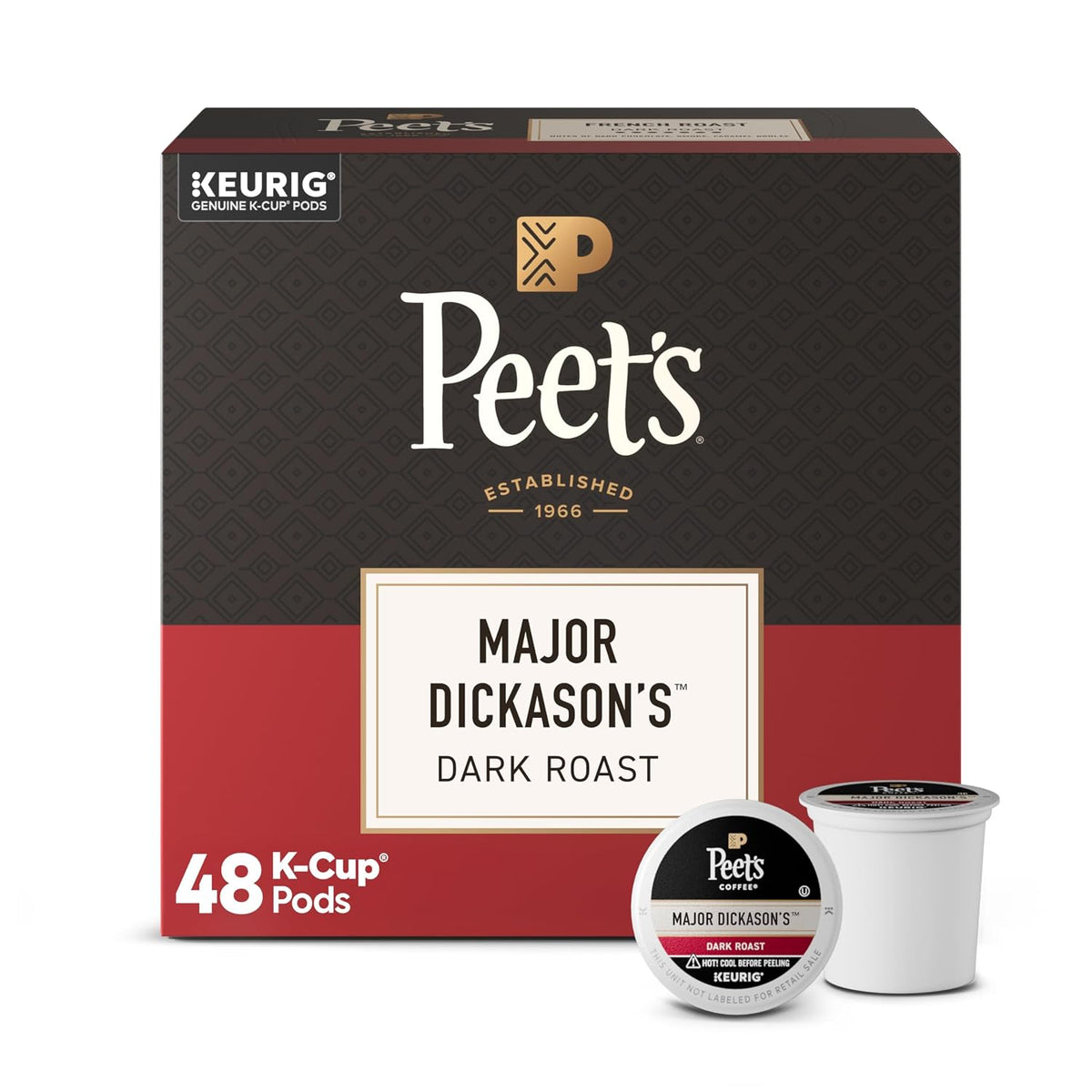 Box of Peet's Major Dickason's Dark Roast K-Cup pods with two pods on a white background