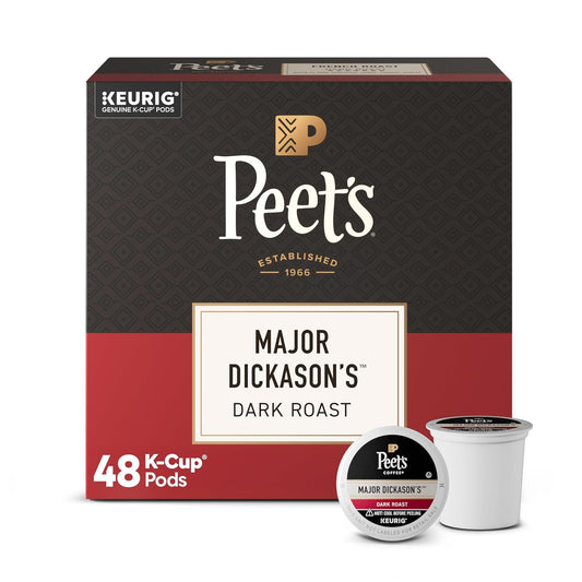 Box of Peet's Major Dickason's Dark Roast K-Cup pods with two pods on a white background